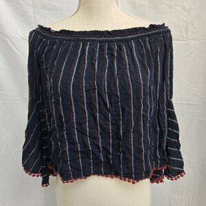 Shyanne - Blue w/ Red & Light blue stripes Shoulder Blouse w/ Bell-sleeves - (M)